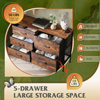 WLIVE Dresser for Bedroom with 5 Drawers, Wide Chest of Drawers for Bedroom, Fabric Dresser for Living Room, Closet, Hallway, Rustic Brown Wood Grain Print