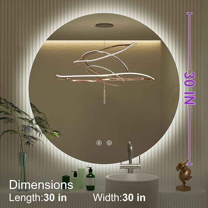 30 Inch Frameless Round Mirror with Light, Round LED Mirror for Bathroom, LED Lighted, Dimmable,Touch, Anti-Fog, Adjustable 3000K/4500K/6000K