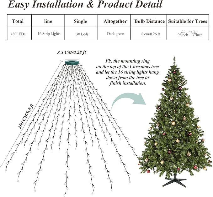 aneeway Christmas Tree Lights String, 480LED Christmas Lights for Tree with 8 Light Modes & Memory Function, 9.84FT x 16 String Light with Timing & Remote Control for Xmas Ornament - Multicolor