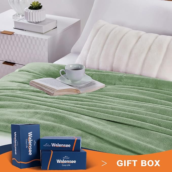 Walensee Fleece Blanket Plush Throw Fuzzy Lightweight (Queen Size 90x90 Sage Green) Super Soft Microfiber Flannel Blankets for Couch, Bed, Sofa Ultra Luxurious Warm and Cozy for All Seasons