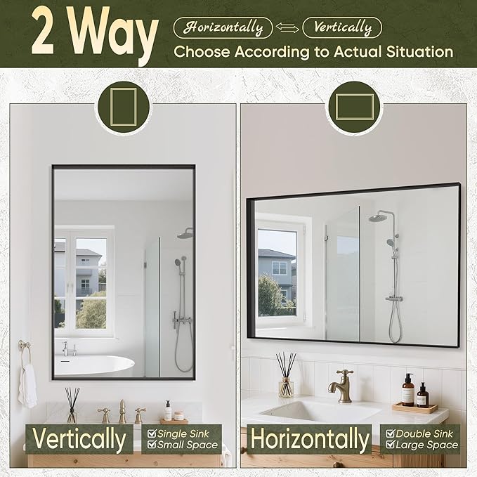 Suidia Bathroom Mirror, 36" x 36" Wall Mirror Metal Framed, Bathroom Vanity Mirror for Living Room Bedroom Bathroom Entryway, Black, Rect Corner Style