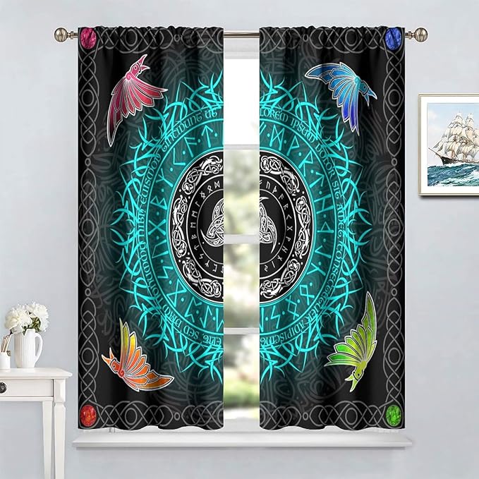 Viking Curtains Ancient Nordic Magic Rune Curtains Nordic Mythology Viking Bird Pattern Printed Curtains Bedroom Living Room Decoration Blackout Curtains W42 * L54 Inch