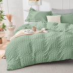 HYMOKEGE Sage Green/Light Grey California King Comforter Set Seersucker 7 Pieces, All Season Luxury Bed in a Bag for Bedroom, Bedding Set with Comforter, Sheets, Pillowcases & Shams
