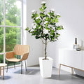 5Ft Artificial Camellia Tree in White Pot, White Faux Plant Indoor Outdoor (61"), Tall Flower Plant for Porch & Living Room Office Decor