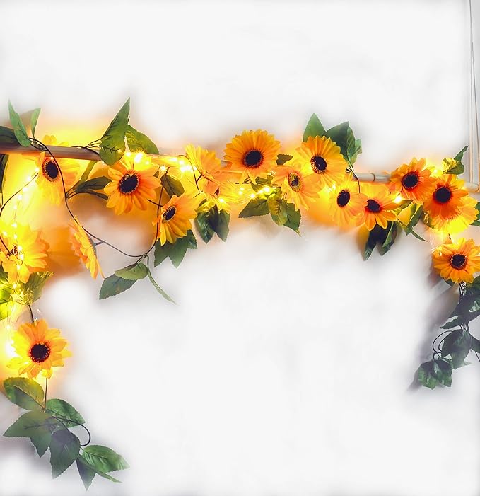 4 Pack 8.8FT Artificial Sunflower Garland with 200 LED Fairy String Lights,Fake Vines Faux Sunflowers Hanging Garland Silk Flowers Hanging Plant for Indoor,Outdoor,Wedding,Wall,Birthday Party