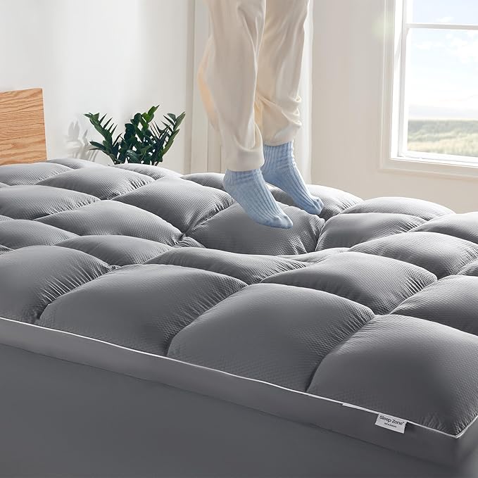 SLEEP ZONE Mattress Topper Full Size, Extra Thick Fitted Mattress Pad for Back Pain, Plush and Support Mattress Cover, Deep Pockets Mattress Protector, Hotel Quality (Grey, Full)