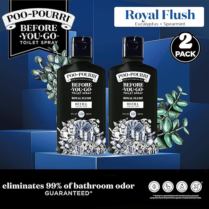 Poo-Pourri Before-You-Go Toilet Spray, Royal Flush, Refill Bottle 9 Fl Oz 2 Pack- eucalyptus and Spearmint