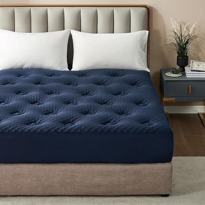 Hansleep Queen Mattress Topper Viscose Derived from Bamboo, Memory Foam Pillow Top Mattress Topper Queen with Deep Pocket, Breathable Mattress Pad for Back Pain Relief, 60" x80", Navy Blue