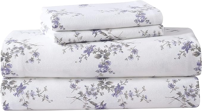 Laura Ashley - Flannel Sheets Full Size, Anti-Pilling & Wrinkle Resistant Cotton, Touchably Soft for All-Season Comfort - Bed Sheets with Matching Pillowcases & Fitted Sheet (Jessika Lavender)