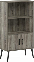Furinno MIDCENTURY Storage Shelves, Storage Cabinet with Doors and Shelves, Bookshelf with Legs, for Living Room, Home Office, Grey Oak
