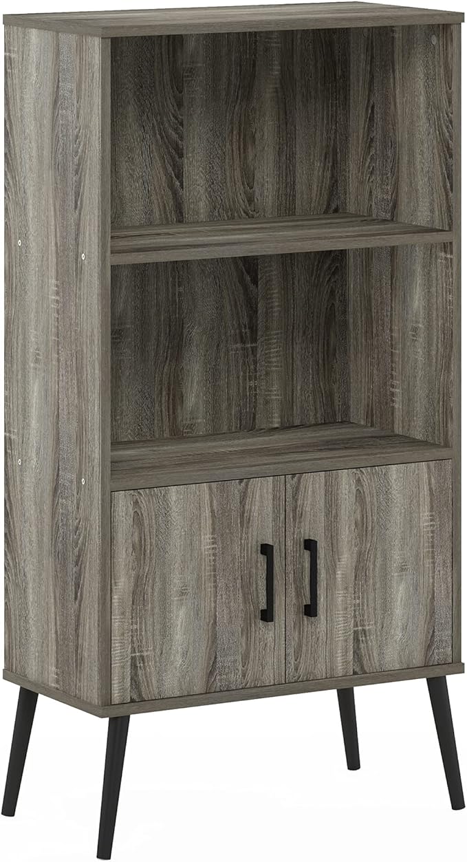 Furinno MIDCENTURY Storage Shelves, Storage Cabinet with Doors and Shelves, Bookshelf with Legs, for Living Room, Home Office, Grey Oak