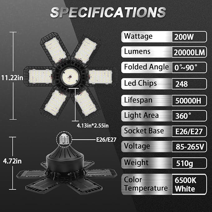 6 Pack LED Garage Light, 200W 20000LM 6500K LED Shop Lights, Garage Lights Ceiling Led with 6+1 Deformable Panels, Screw in E26/E27 Socket Bulb for Warehouse, Workshop, Basement, Barn Lighting