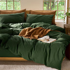 MooMee Bedding Duvet Cover Set 100% Washed Cotton Linen Like Textured Breathable Durable Soft Comfy (Solid Forest Green, Cal King 104"x98")