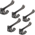 5 Pack Decorative Cast Iron Heavy Duty Double Hooks, Wall Mounted Coat Hooks, Vintage Inspired (Antique Black) (Modern Type)