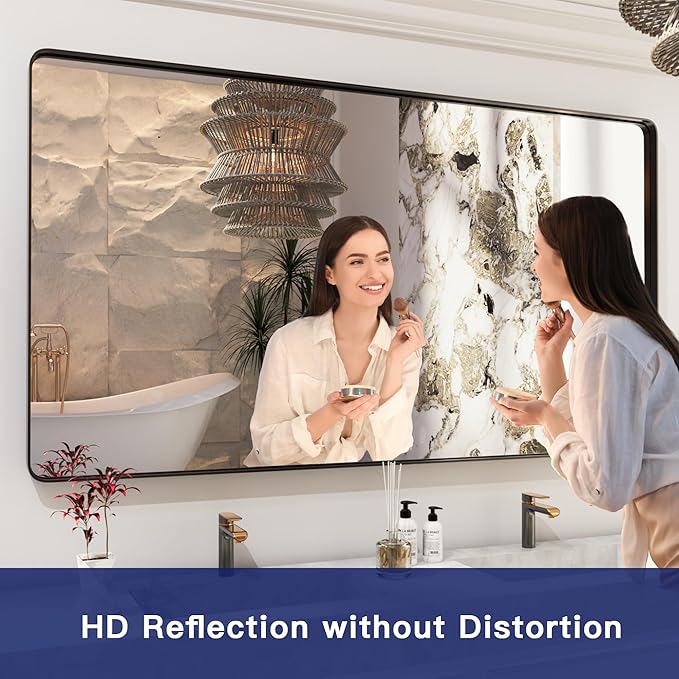 ISKM Black Framed Mirror for Bathroom 60" x 40" Matte Black Bathroom Vanity Mirror Anti-Rust, Tempered Glass, Rounded Rectangle Mirror(Horizontal/Vertical)