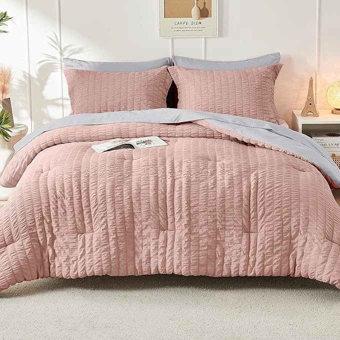 HYMOKEGE Rose Gold/Light Grey California King Comforter Set Seersucker 7 Pieces, All Season Luxury Bed in a Bag for Bedroom, Bedding Set with Comforter, Sheets, Pillowcases & Shams