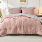 HYMOKEGE Rose Gold/Light Grey Full Size Comforter Sets Seersucker 7 Pieces, All Season Luxury Bed in a Bag for Bedroom, Bedding Set with Comforter, Sheets, Pillowcases & Shams