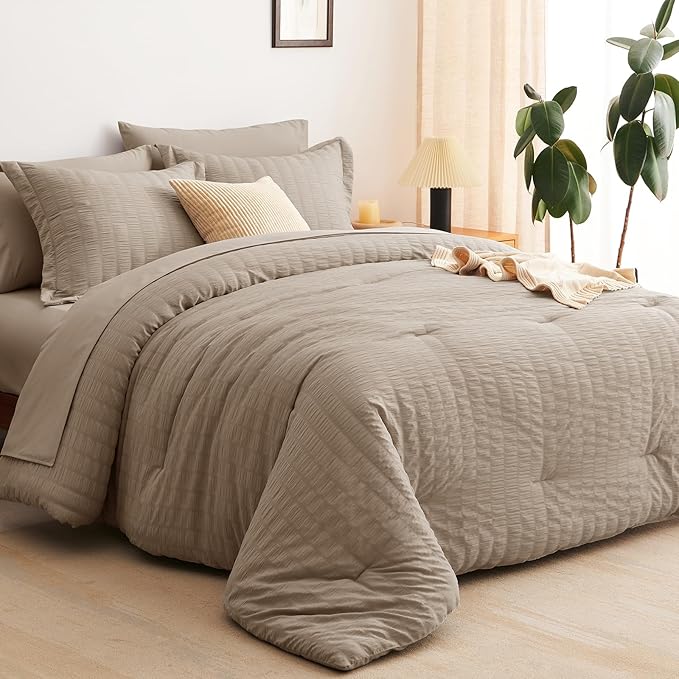 CozyLux King Size Comforter Set Khaki Seersucker 7 Pieces Bed in a Bag King Comforter Set with Sheets, Luxury Soft Bedding Set with Down Alternative Comforter, Sheets, Pillowcases & Shams All Seasons