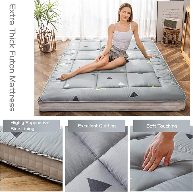 MAXYOYO Grey Triangle Futon Mattress, Padded Japanese Floor Mattress Quilted Bed Mattress Topper, Extra Thick Folding Sleeping Pad Breathable Floor Lounger Guest Bed for Camping Couch, Full