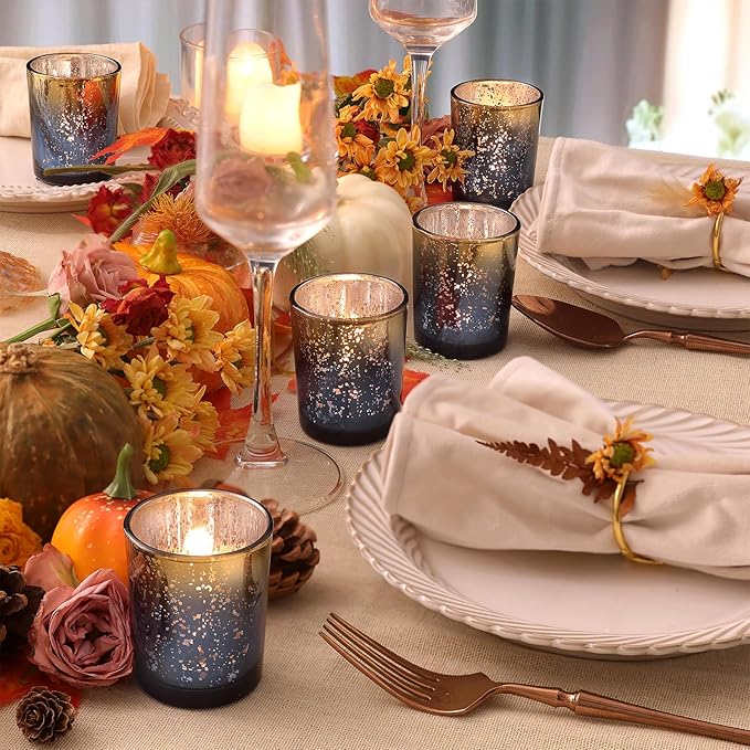 Volens Navy Votive Candle Holders Set of 12, Speckles Mercury Glass Tealight Candle Holder Bulk for Table Wedding Centerpiece, Navy Blue and Gold Themed Party Decorative & Home Decor