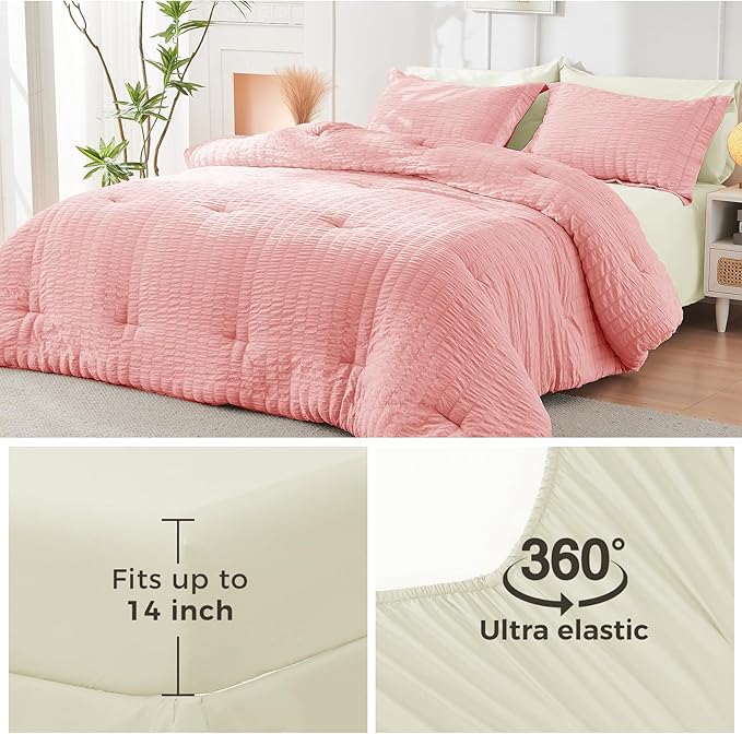 HYMOKEGE Pink/Ivory Twin Comforter Set Seersucker 5 Pieces, All Season Luxury Bed in a Bag for Bedroom, Bedding Set with Comforter, Sheets, Pillowcase & Sham