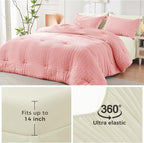 HYMOKEGE Pink/Ivory Queen Comforter Set Seersucker 7 Pieces, All Season Luxury Bed in a Bag Queen for Bedroom, Bedding Set with Comforter, Sheets, Pillowcases & Shams
