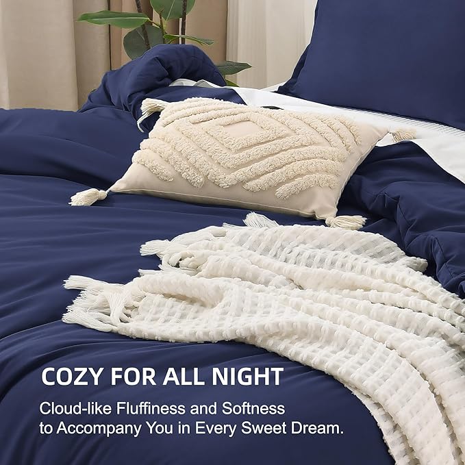 Litanika Navy Blue Comforter Set Full Size, 3 Pieces Boys Men Lightweight Solid Bedding Comforter Set, All Season Fluffy Down Alternative Bed Set (79x90In Comforter & 2 Pillowcases)