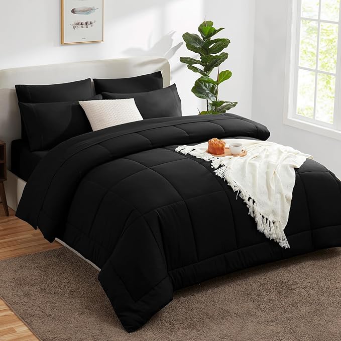 CozyLux King Size Comforter Set Black, 7 Pieces Bed in a Bag, Black Comforter King Size, All Season Bedding Sets with Stitch Quilted Comforter, Flat Sheet, Fitted Sheet, Pillowcases