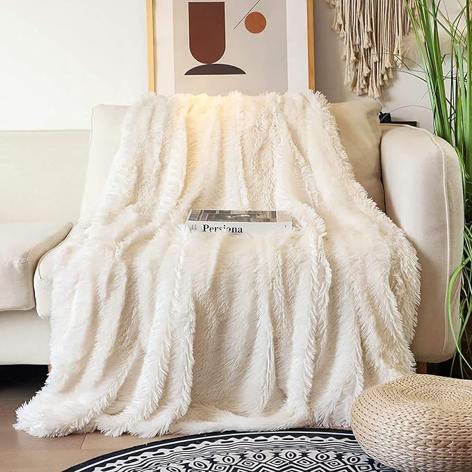 Tuddrom Decorative Extra Soft Faux Fur Blanket Twin Size 70" x 78",Solid Reversible Fuzzy Fluffy Cozy Plush Blanket for Couch Sofa Bed,Cream White