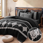 MaiRêve Embroidery King Size Comforter Set Black, Boho Farmhouse Western Bedding Set 7 Pieces, All Season Bed in A Bag Comforter Set with Sheets, Pillowcases & Shams