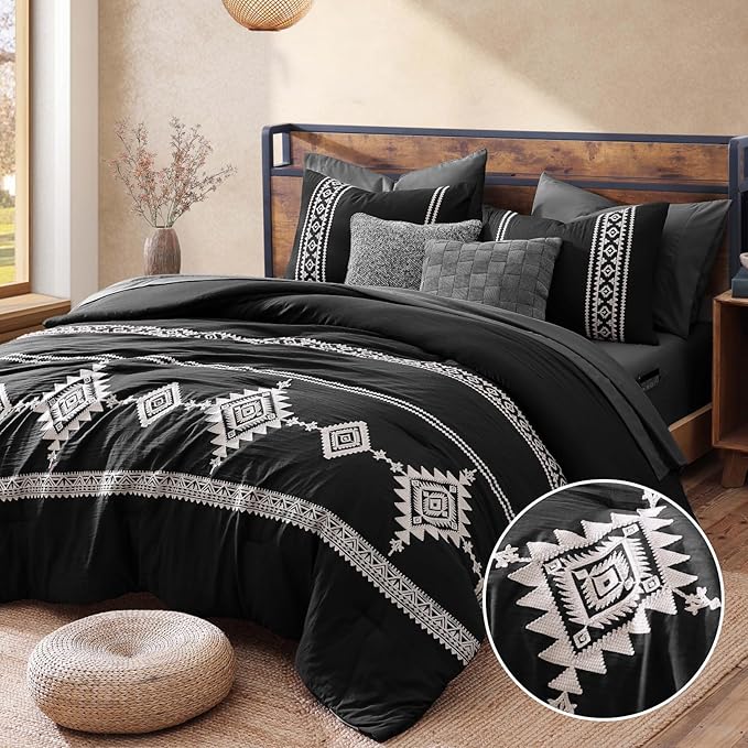 MaiRêve Embroidery California King Size Comforter Set Charcoal Black, Boho Farmhouse Western Bedding Set 7 Pieces, All Season Bed in A Bag Comforter Set with Sheets, Pillowcases & Shams