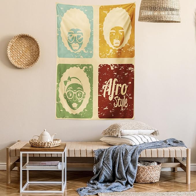 Lunarable Afro Tapestry Twin Size, Pop Art Style Disco Themed Arrangement Retro Dance Fever American Culture, Wall Hanging Bedspread Bed Cover Wall Decor, Twin Size, Yellow Blue