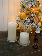 Vixdonos Hurricane Glass Candle Holders Set Pack 2 Serrated Round Candle Stand for Pillar Candles Modern CandleHolders with 5.1" 7.1" Tall Cylinder Chimney Cover for Outdoor Wedding Decor
