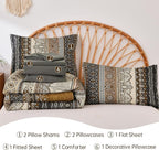 Cottolester Boho Comforter Set Full Size 8 Pieces,Brown Black Bohemian Comforter Paisley Striped Bed in A Bag,Soft Microfiber Bedding Set for All Season