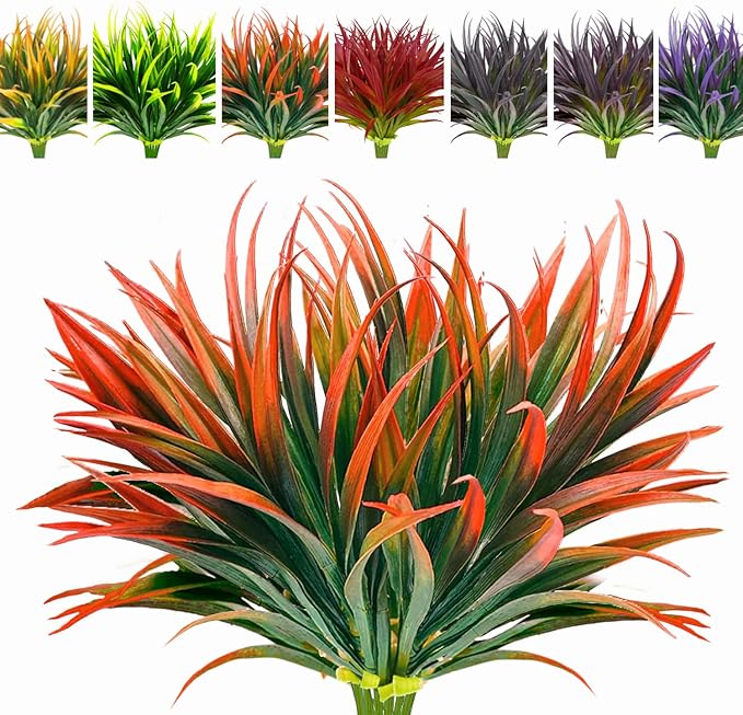 8 Pcs Outdoor Fake Plants UV Resistant Artificial Tall Grass Plants Faux Tropical Flowers Bushes Fall Winter Summer Planters Yard Patio Front Porch Décor Plastic Greenery Shrubs Decoration