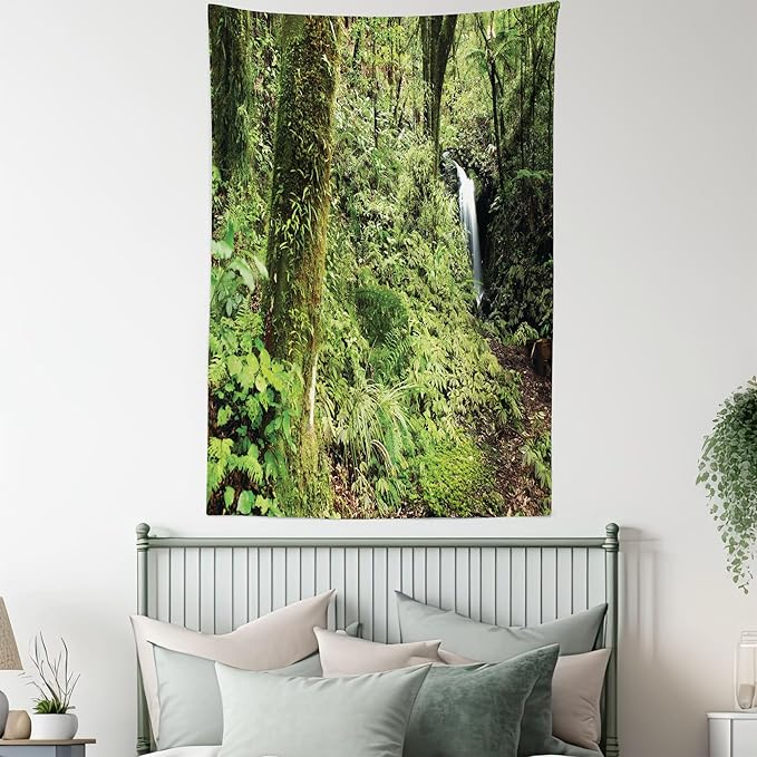 Lunarable Woodland Tapestry Twin Size, Waterfall in Deep Forest Scenery in The Woods Green of Earth Covering Plants, Wall Hanging Bedspread Bed Cover Wall Decor, Twin Size, Forest Green
