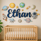 Custom Nursery Name Sign with Themed Decor Kit | Personalized Wooden Wall Art for Baby, Kids Room | Space, Jungle, Circus, Under the Sea, Woodland, Rainbow (40", Space)