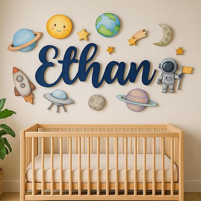 Custom Nursery Name Sign with Themed Decor Kit | Personalized Wooden Wall Art for Baby, Kids Room | Space, Jungle, Circus, Under the Sea, Woodland, Rainbow (40", Space)