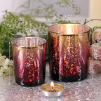 Volens 12pcs Assorted Burgundy Votive Candle Holders, Large Speckles Mercury Glass Votive & Tealight Candle Holder Bulk for Wedding Table Centerpiece, Burgundy and Gold Themed Party Decorations