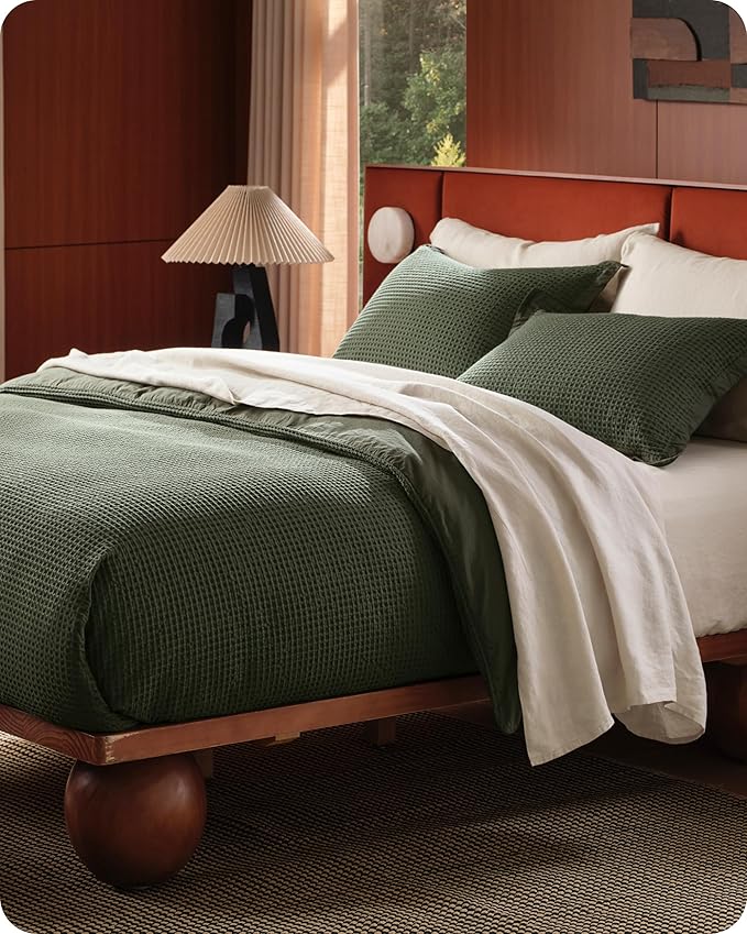 Bedsure Cotton Duvet Cover Set - 100% Cotton Waffle Weave Olive Green Duvet Cover Oversized Queen Size, GentleSoft™ and Breathable Bedding Set for All Season, 3 Pieces, 98"x98"