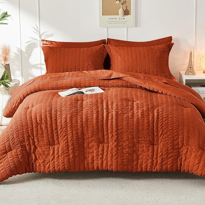 HYMOKEGE Burnt Orange Full Size Comforter Sets Seersucker 7 Pieces, All Season Luxury Bed in a Bag for Bedroom, Bedding Set with Comforters, Sheets, Pillowcases & Shams