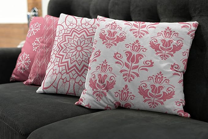Ambesonne Retro Throw Pillow Cushion Case Pack of 4, Trellis Grid Medieval Floral Damask Mandala Flower Ornament in Modern Monochrome, Modern Accent Double-Sided Digital Printing, 18", Pastel Pink