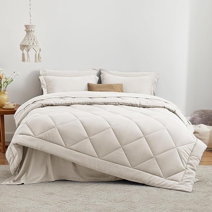 Love's cabin California King Comforter Set Off White, 7 Pieces California King Bed in a Bag, All Season Bedding Sets with 1 Comforter, 1 Flat Sheet, 1 Fitted Sheet, 2 Pillowcase and 2 Pillow Sham
