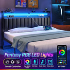 Rolanstar Headboard for King Size Bed with Storage, 60,000 DIY Color of LED Light, Head Board with USB & Type C Port, Height Adjustable, Black Upholstered Cabeceras de Cama Comfortable Modern, Leather