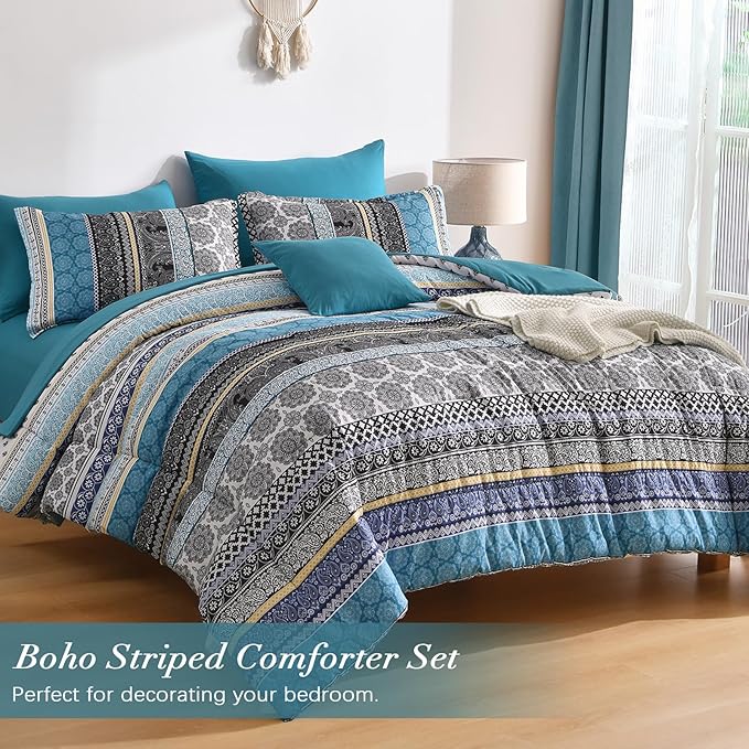 Cottolester Teal Comforter Set King Size,Boho Striped Bed in a Bag 8 Pieces,Paisley Soft Microfiber Bedding Comforter Set