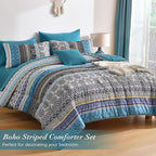 Cottolester Teal Comforter Set King Size,Boho Striped Bed in a Bag 8 Pieces,Paisley Soft Microfiber Bedding Comforter Set
