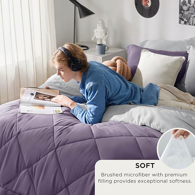 Bedsure Twin Comforter Set - 5 Pieces Reversible Grayish Purple Bedding, Twin Size Bed Set for All Seasons, Bed in a Bag with Down Alternative Comforter, Sheets, Pillowcase & Sham