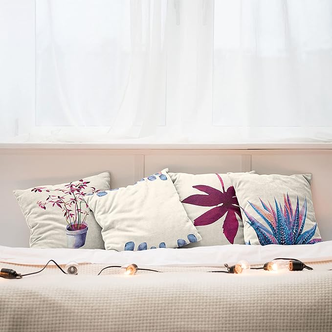 Ambesonne Botanical Throw Pillow Cushion Case Pack of 4, Minimalist Watercolor Painting Leaves Agave Branches Plant in a Pot, Modern Accent Double-Sided Digital Printing, 24", Dark Pink and Ceil Blue