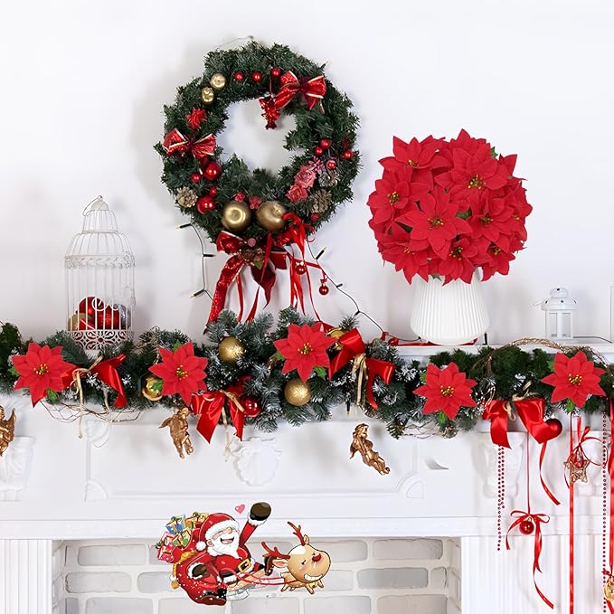 Christmas Decorations - 6 Pack Poinsettias Artificial Christmas Flowers, Fake Red Velvet Artificial Poinsettias Flowers for Christmas Tree Home Party Porch Yard Indoor Outdoor Decor