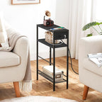 HOOBRO Small Narrow Side Table with Charging Station, Skinny End Table for Small Spaces, Slim Nightstand with USB Ports Outlet, Sofa Beside Table with Storage Shelf, Black BB102UBZ01